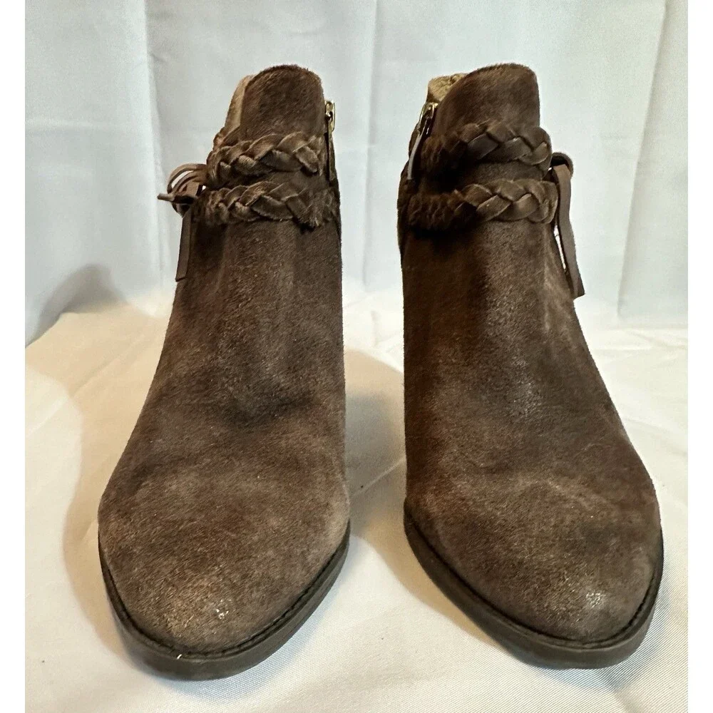 Franco Sarto Brown Suede Wedge Booties Braided Tassel Boho Womens 10